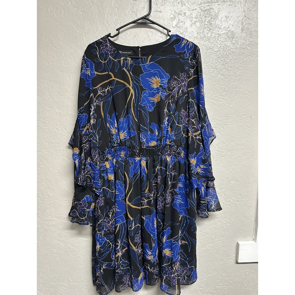 International Concepts Mini Dress Women large Black Blue Floral Smocked Ruffle